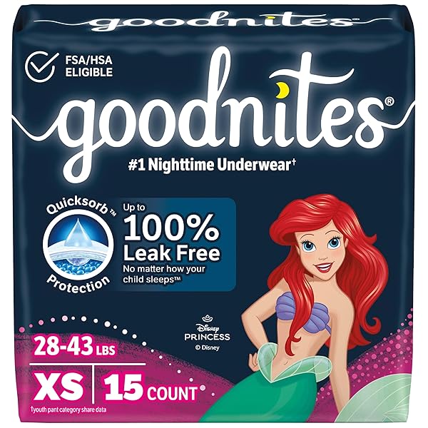 GOODNITES GIRLS’ NIGHTTIME BEDWETTING UNDERWEAR, SIZE EXTRA SMALL (28-43 LBS), 15 CT, PACKAGING MAY VARY