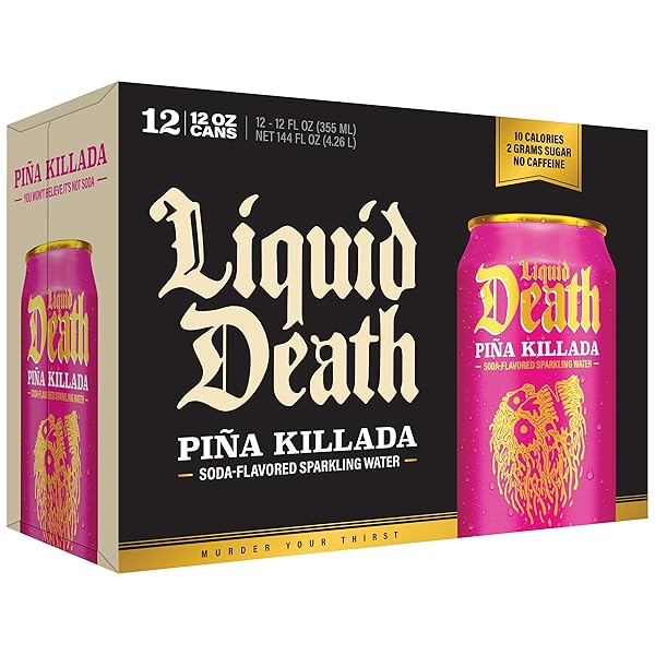 LIQUID DEATH SODA-FLAVORED SPARKLING WATER – PIÑA KILLADA (CLASSIC PIÑA COLADA), LESS SUGAR*, HUGE FLAVOR, NO CAFFEINE, NO ARTIFICIAL SWEETENERS, 12 FL OZ (PACK OF 12)