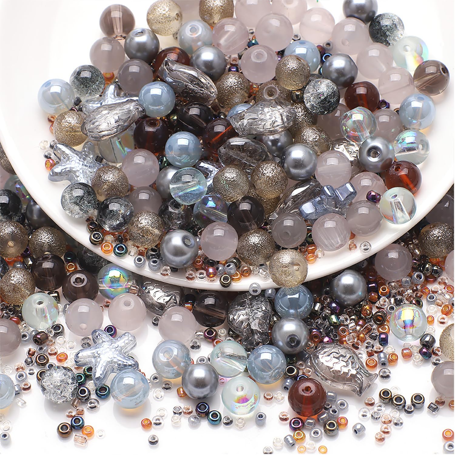UHOMENY Round Spacer Beads - Mixed Colour Glass Crystal Beads Assorted Charms for Bracelet, Necklace, Key Chains & Earring Making Crafts Gifts (Grey)