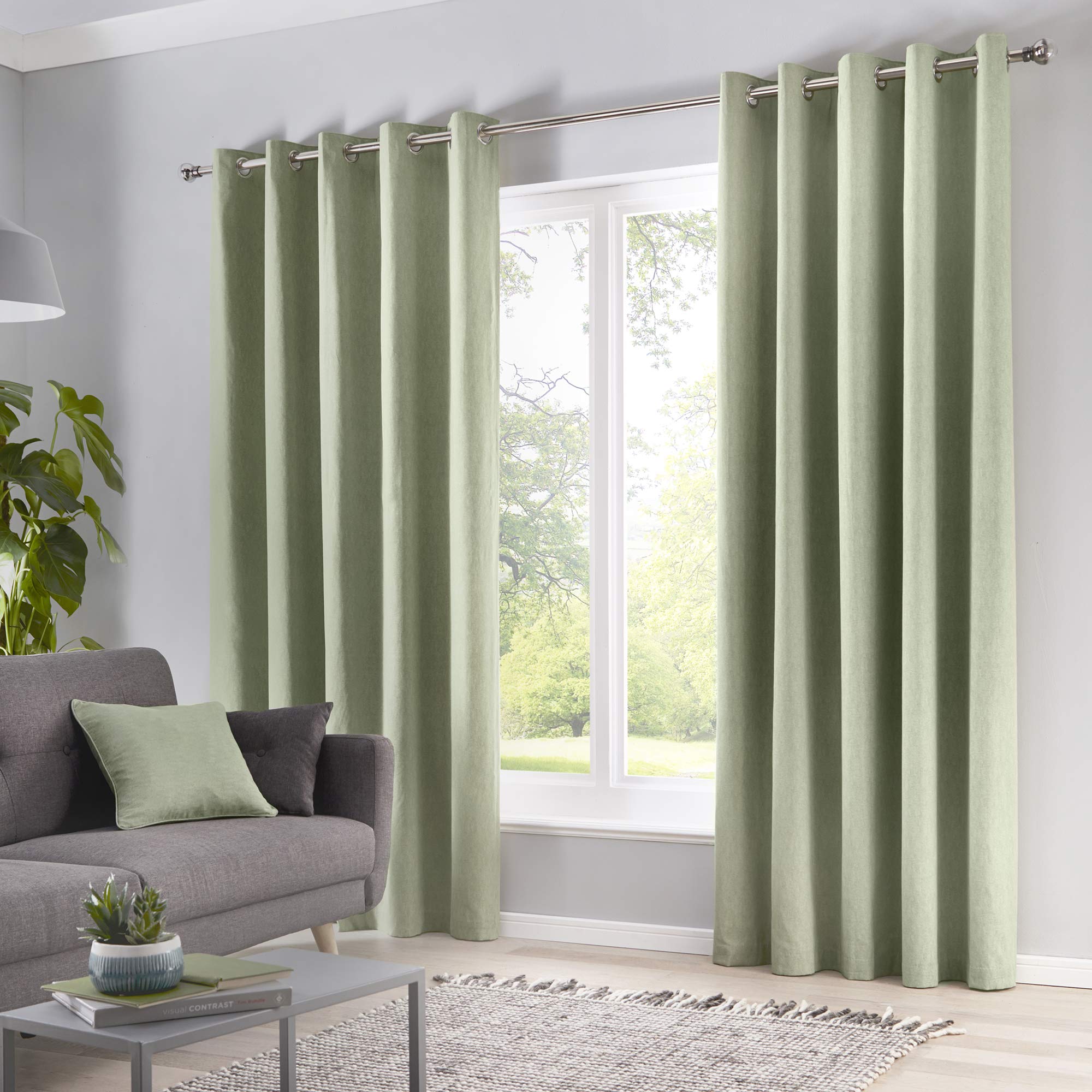 Fusion Sorbonne 100% Cotton Eyelet Lined Curtains, Green, 66 x 54 Inch