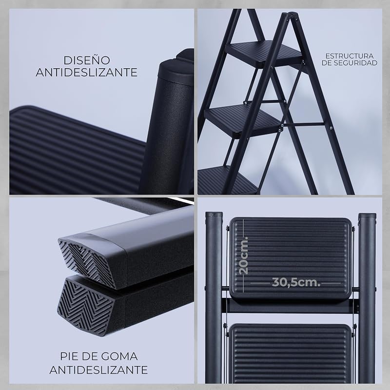Escalera Plegable 4 Peldaños, Escaleras Decorativa, Peldaños Anchos Antideslizantes, Ideal para Uso en Hogar, Cocina y Oficina, Fácil de Guardar y Transportar, Resistente (Negro, 4 Peldaños)