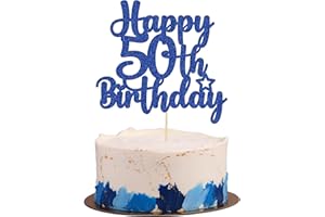 Gyufise 1Pc Happy 50th Birthday Cake Topper Glitter 50 & Fabulous Cheers to 50 Years Old 50th Birthday Cake Pick for Celebrating 50th Birthday Anniversary Party Cake Decorations Blue