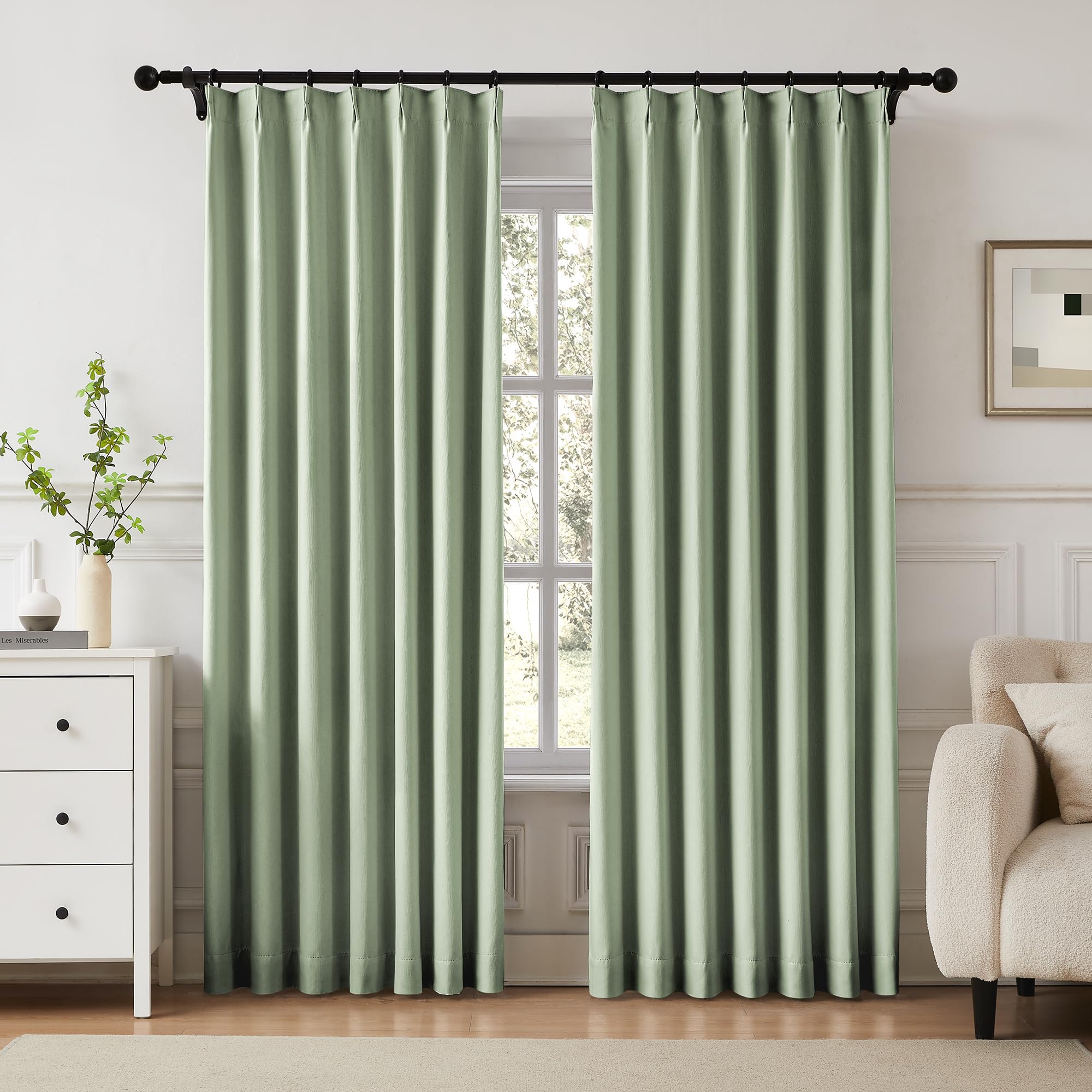 Photo 1 of Pinch Pleat Blackout Curtains Sage 63 Inch Long Thermal Insulated Curtains Track Pleated Drapes Room Darkening Blackout Curtains Bedroom Window Treatment Set of 2 Panels Back Tab 40"Wx63"L, Sage Green