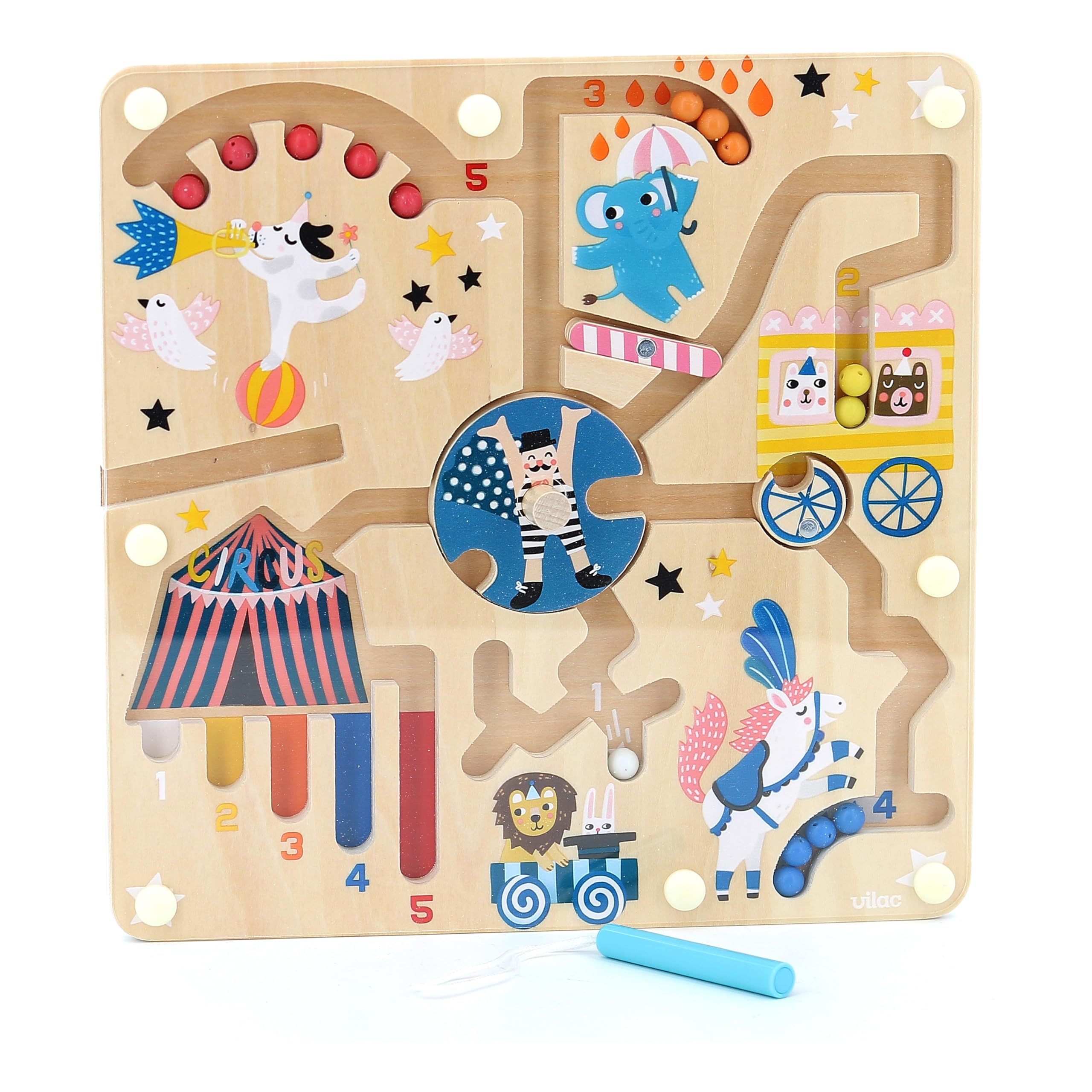 Vilac Wooden Magnetic Maze Puzzle, Marbles Protected Under Plexiglass, Has 1 Stylus, Matching and Logic Montessori Game, Fine Motor Skills, 2 Yrs+, 22.5 x 2 x 22.5 cm, Circus By Michelle Carlslund