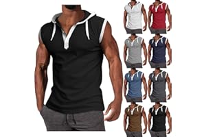 WENKOMG1 Mens Henley Tank Tops Solid Sleeveless Workout Hoodie Shirt Summer V Neck Button Down Active Hooded Gym Tees