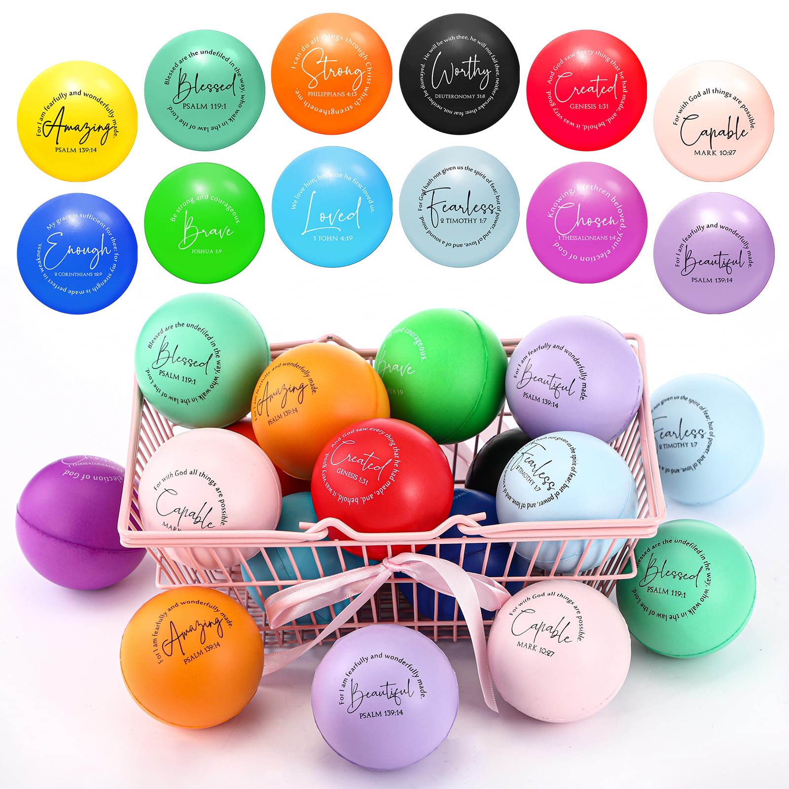 Photo 1 of Meooeck 12 Pcs Inspirational Christian Stress Balls Bulk Motivational Words with Bible Verse Balls Colorful Fidget Stress Relief Decor Church Religious Gifts for Church Welcome Sunday School (Round)