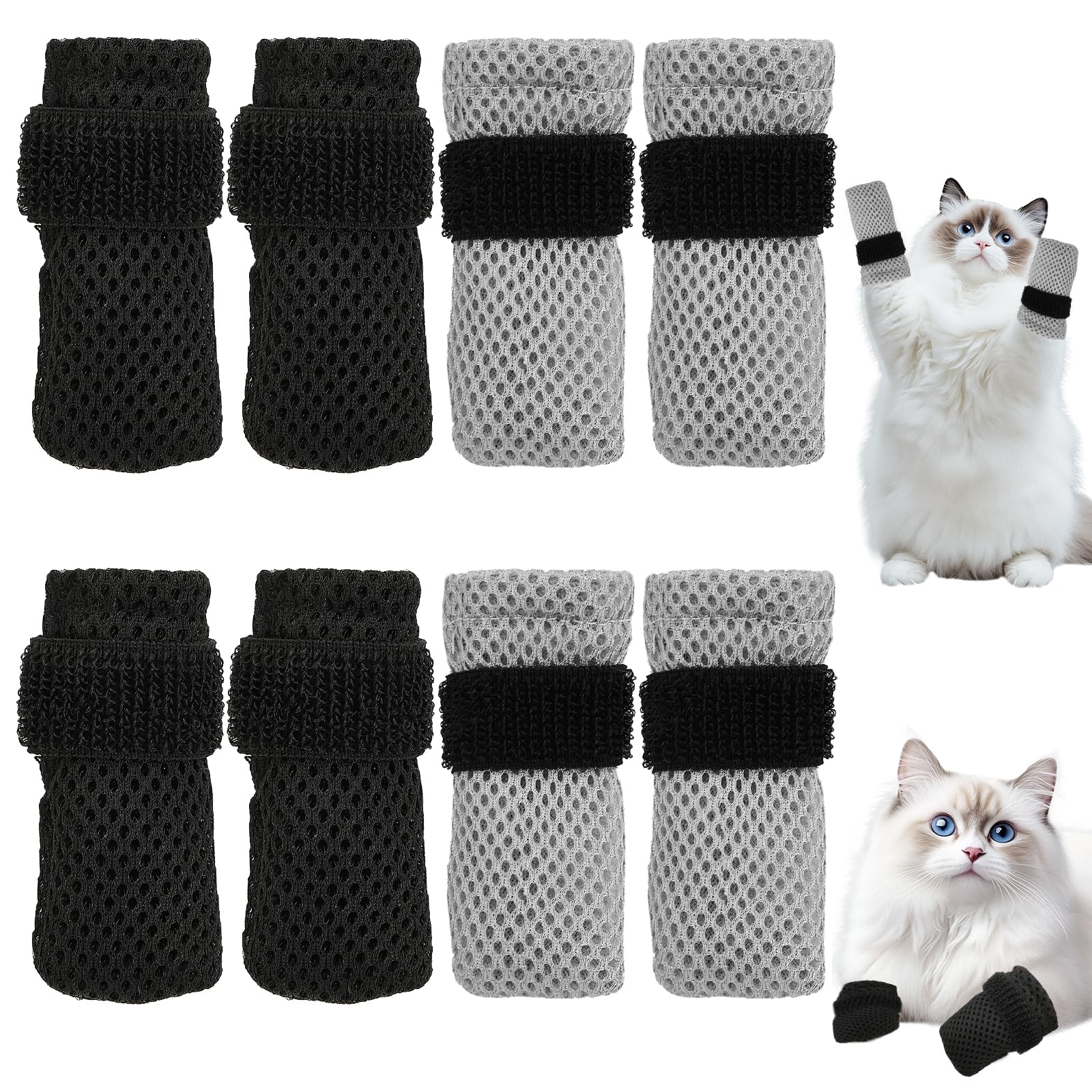 Photo 1 of 8 Pcs Cat Claw Covers, Shoes Booties for Cats Mittens to Prevent Scratching Socks Adjustable Breathable Mesh Puppy Indoor Gloves Paw Kitten Boots Suitable for Bathing and Nail Trimming (Grey + Black)