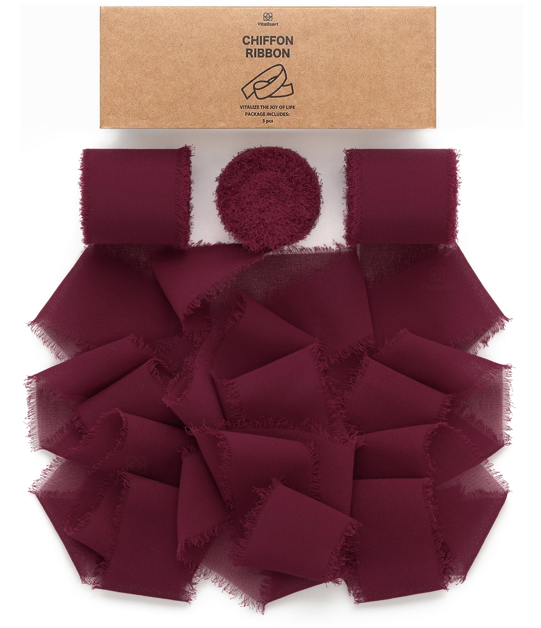 Vitalizart Chiffon Ribbon 1.5'' x 21 Yd Burgundy Red, Fabric Silky Ribbons 3 Rolls 1.5'' x 7 Yd, Handmade Fringe for Wedding Invitation, Bridal Bouquet, Gift Wrapping, Holiday Decoration, DIY Craft