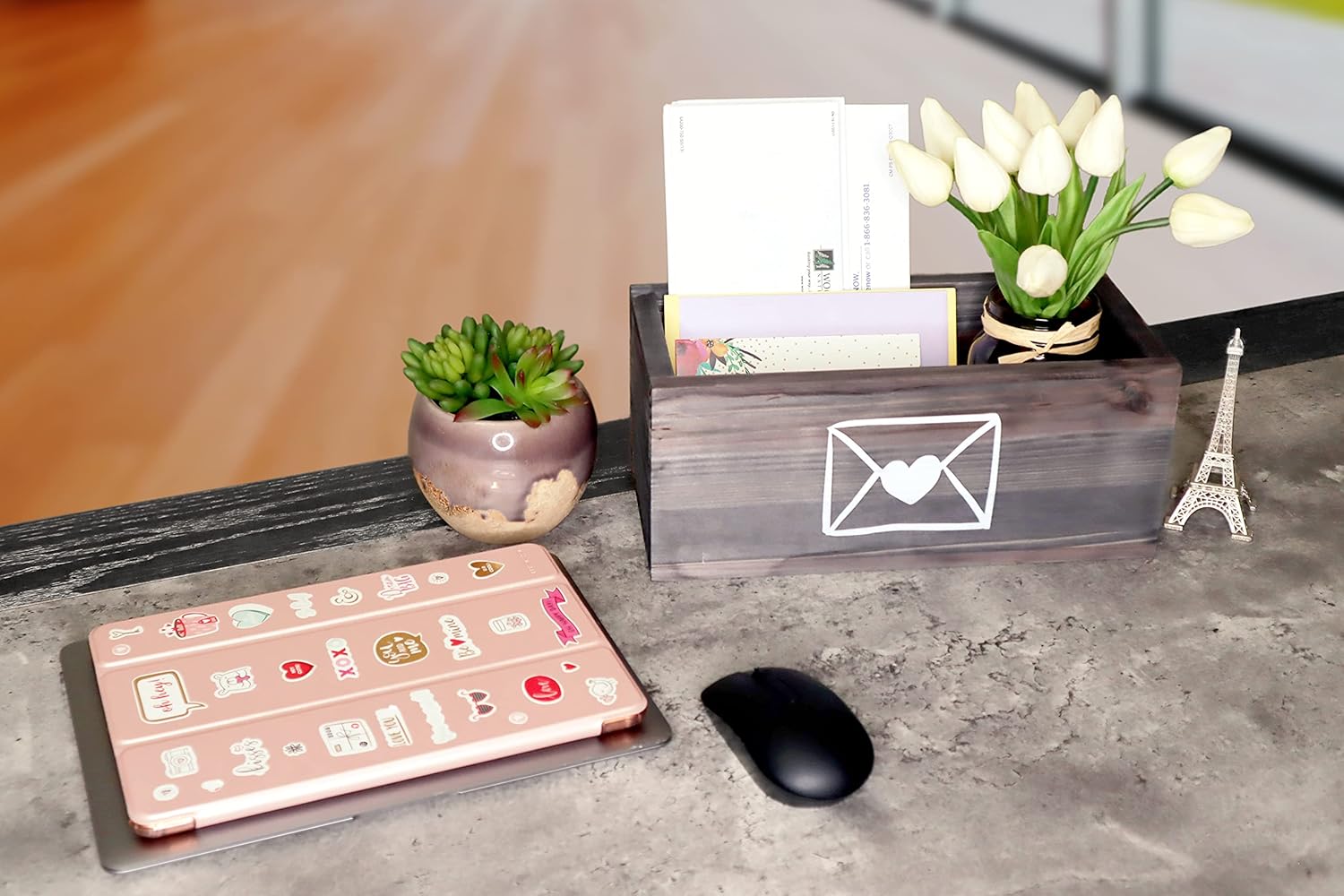 Wooden Mail Organizer Letter Holder Box - Rustic Mail Holder for Countertop, Bill Coupon Envelope Storage Mail Basket for Home Office Decor, Farmhouse Desk Organizer Mail Sorter (Grey) : Office Products