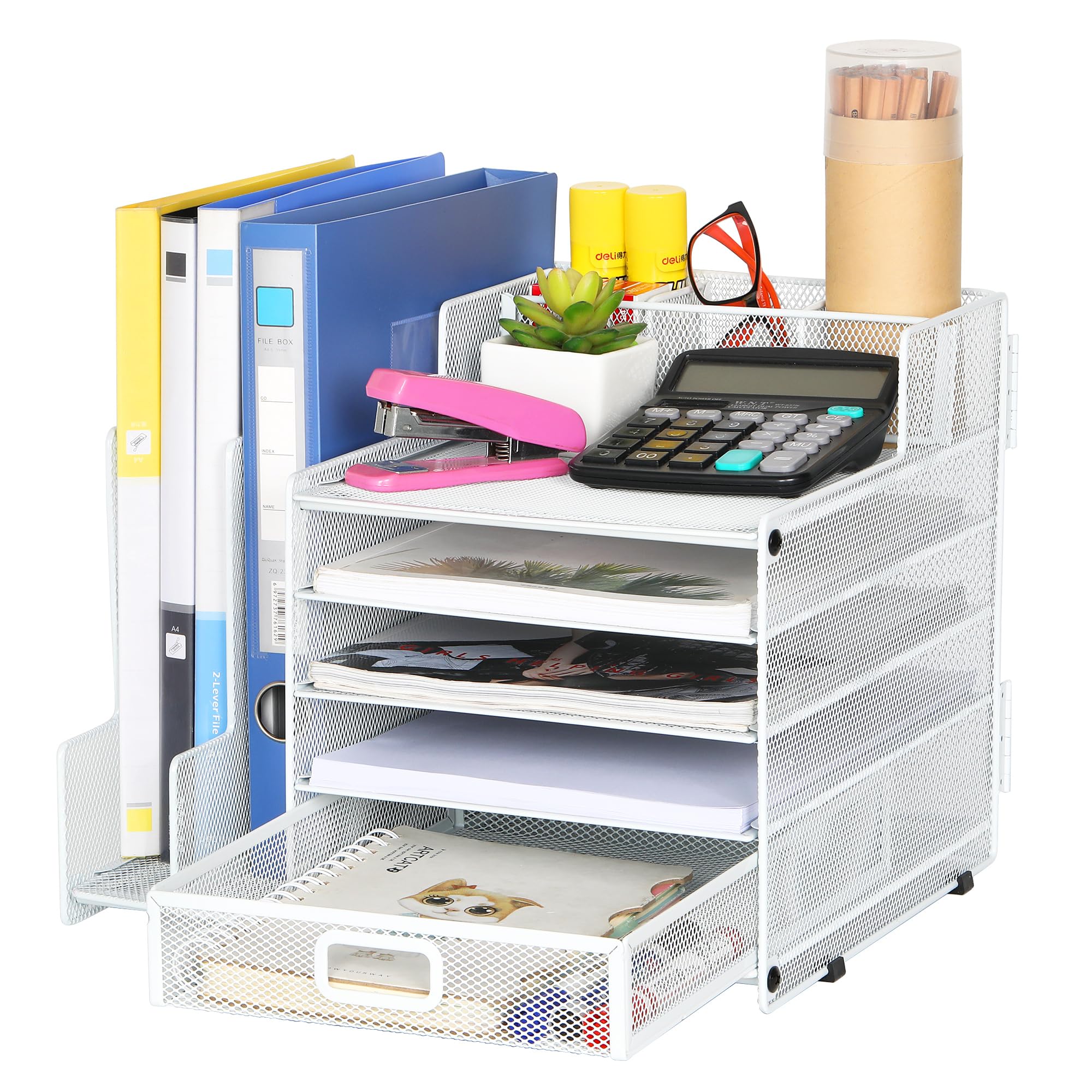 TQVAI 5 Tier Letter Tray Desk Tidy Organiser with Vertical File Sorter A4 Paper Storage Magazine File Holder, White