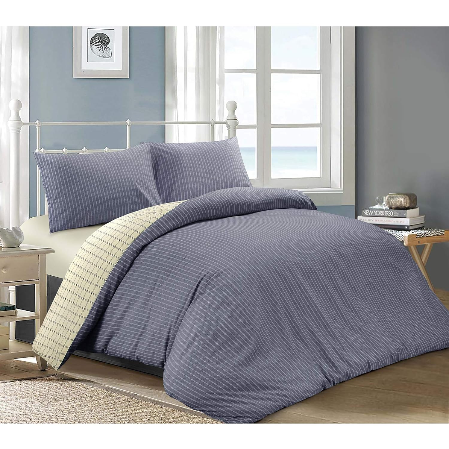 Nimsay Home Jakarta Chambray Stripe and Check Reversible Quilt Duvet Cover Set 9% Cotton Bedding Set (Blue & Cream, Single Duvet Cover Set) Nimsay Home Jakarta Chambray Stripe and Check Reversible Quilt Duvet Cover Set 9% Cotton Bedding Set (Blue & Cream, Single Duvet Cover Set)