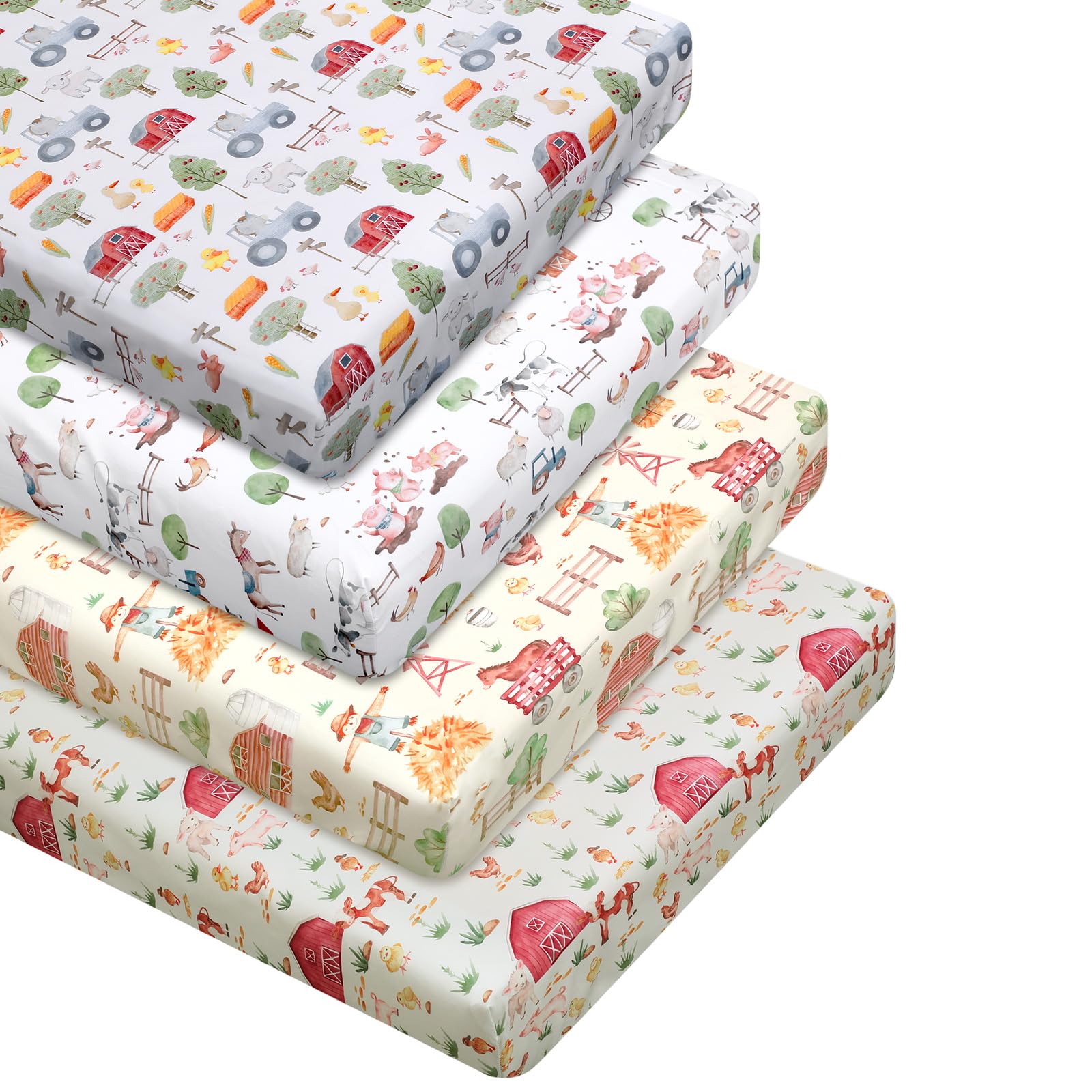 Photo 1 of VitalCozy 4 Pcs Farm Animals Crib Sheet Set Newborn Bedding Nursery Baby Sheets for Girl Boys Baby Gifts for Standard Crib and Toddler Mattresses, 52 x 28 x 8 Inches