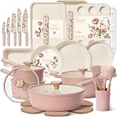 CAROTE 37pcs Ceramic Cookware Set, Nonstick Pots and Pans Set | Baking Set, Knife Set &amp; Utensils, Induction Compatible, Dishwasher Safe, Floral Designs, PFAS FREE, Pink