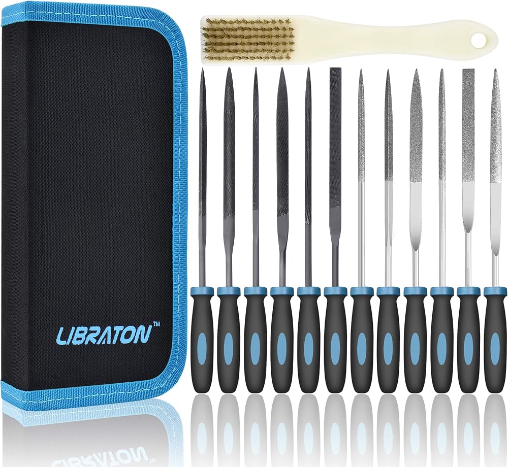 LIBRATON 13PCS Needle File Set with 6 Steel & 6 Diamond Files Case