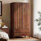 Furniway Armoire Wardrobe Closet, 70.9" Tall Wardrobe Cabinet with 2 Doors, 2 Large Drawers and Hanging Rod, Wooden Clothing Storage Cabinet for Bedroom, Cloak Room, Walnut