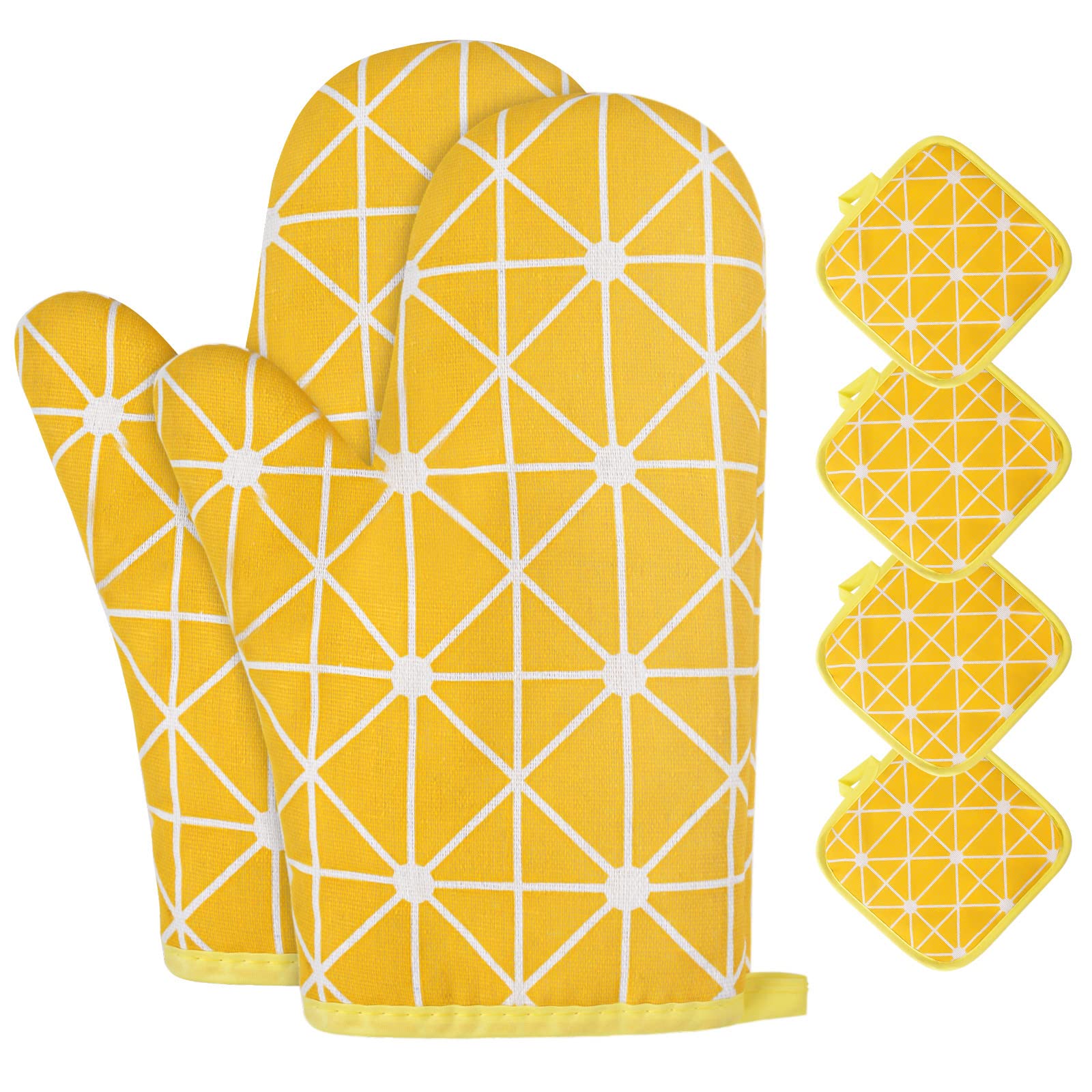 AUAUY Oven Mitts and Potholders BBQ Gloves-Oven Mitts and Pot Holders with Recycled Infill Cotton Non-Slip Cooking Gloves for Cooking Baking Grilling (6-Piece Set,Yellow)
