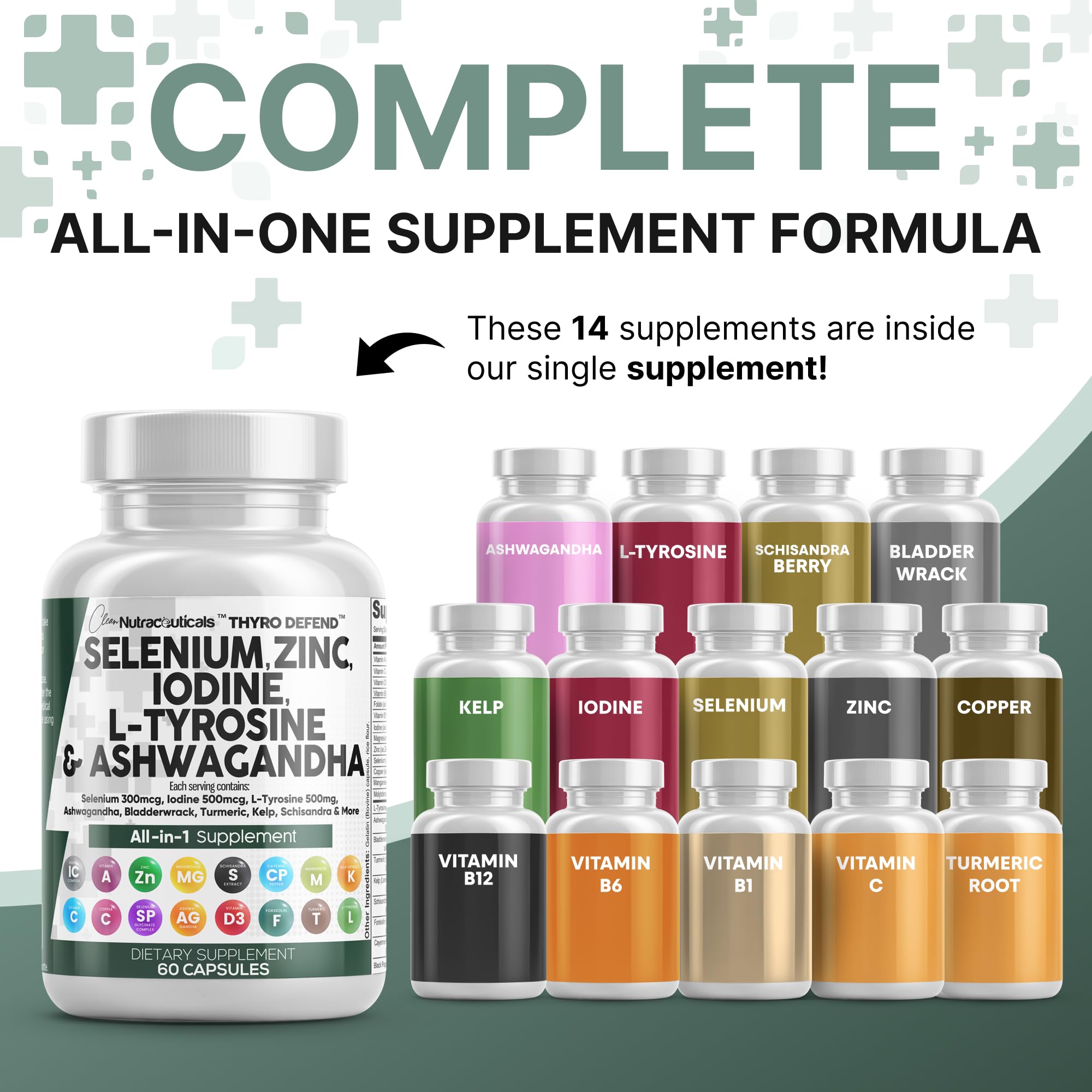 Clean Nutra Selenium 300mcg Iodine 500mcg Thyroid Support for Women & Men | L Tyrosine 500mg Ashwagandha Supplement Bladderwrack, Turmeric, Kelp, Schisandra Zinc Pills Capsule Supplements