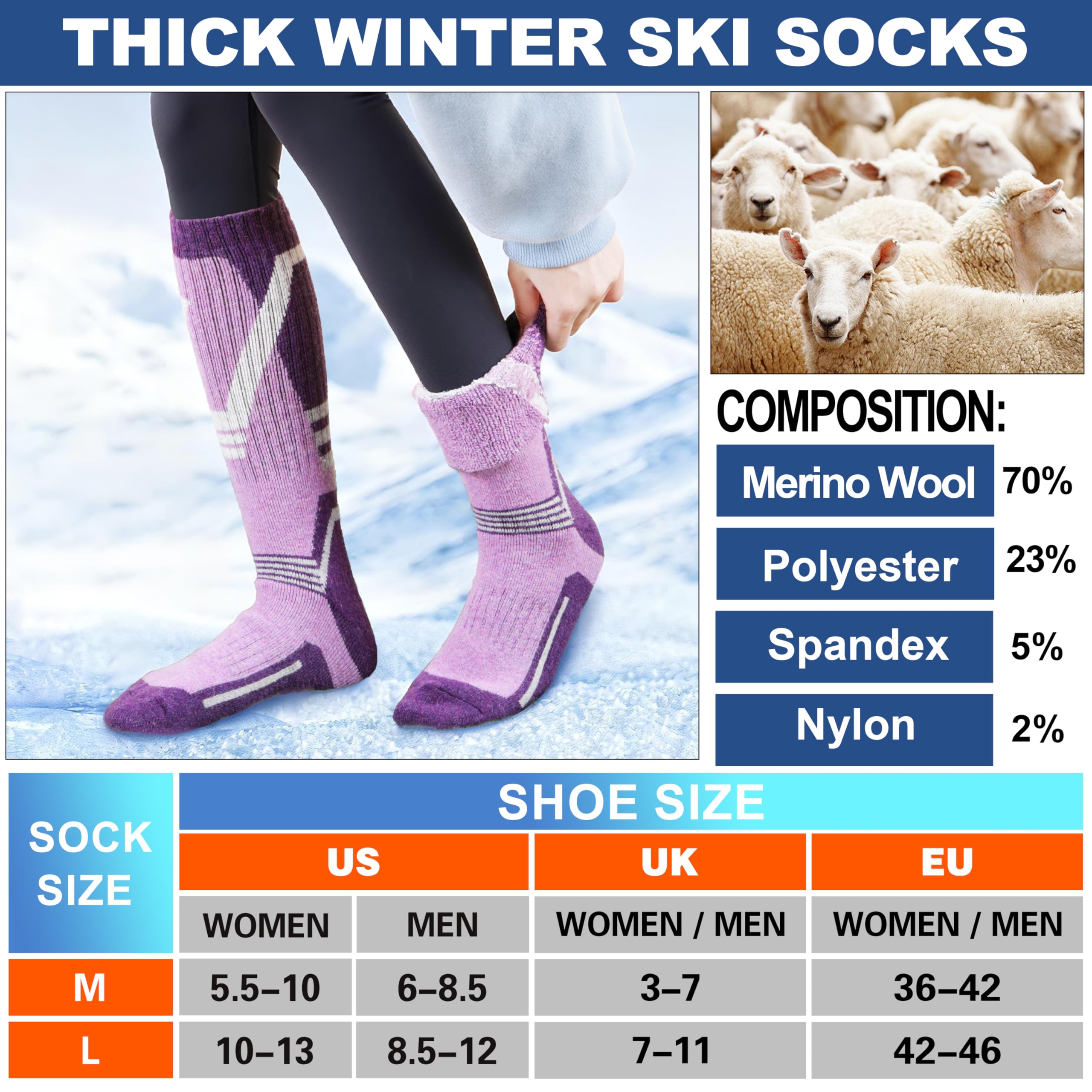 3 Pairs Merino Wool Ski Socks Thermal Warm Winter Thick Knee High Snowboarding Skiing Socks for Women Men