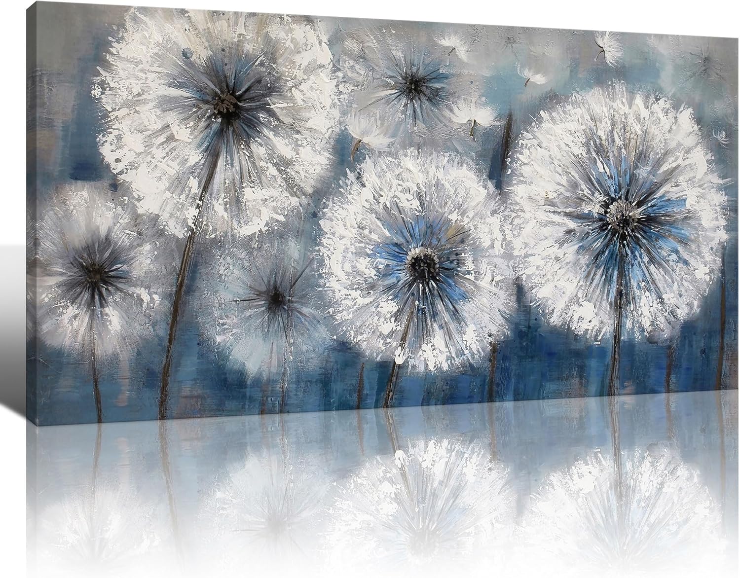 Paintings - KLAKLA Dandelion Large Wall Art - Hand Painted to Add a Bumpy Effect - Sturdy Wood Frame Artwork & 30X60 Inches Blue and White Living Room Wall Decor