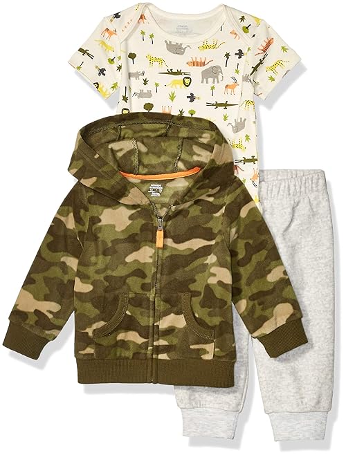 Amazon Essentials Unisex Babies' 3-Piece Microfleece Hoodie Set, Green/Light Grey Heather, Camo, 3 Months
