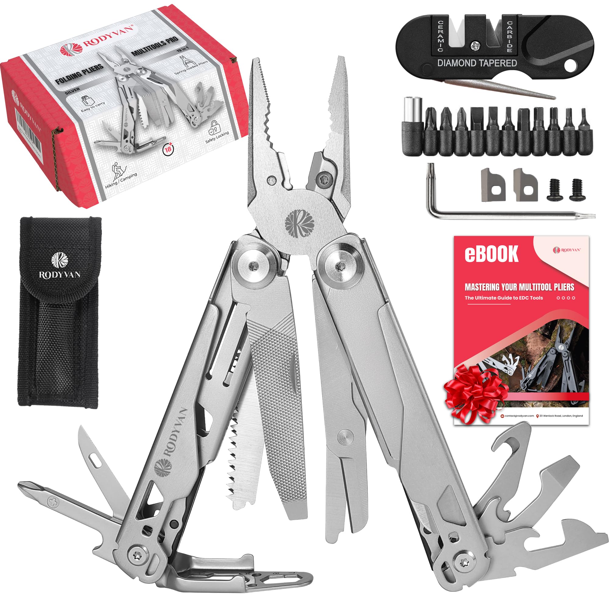 RODYVAN Multitools, 19-in-1 Stainless Steel Multi Tool Pliers with Scissors, Screwdriver Set, Bottle Opener, Survival Camping Accessories. Gift for Men Dad. DIY Tool kit for Outdoor Activities