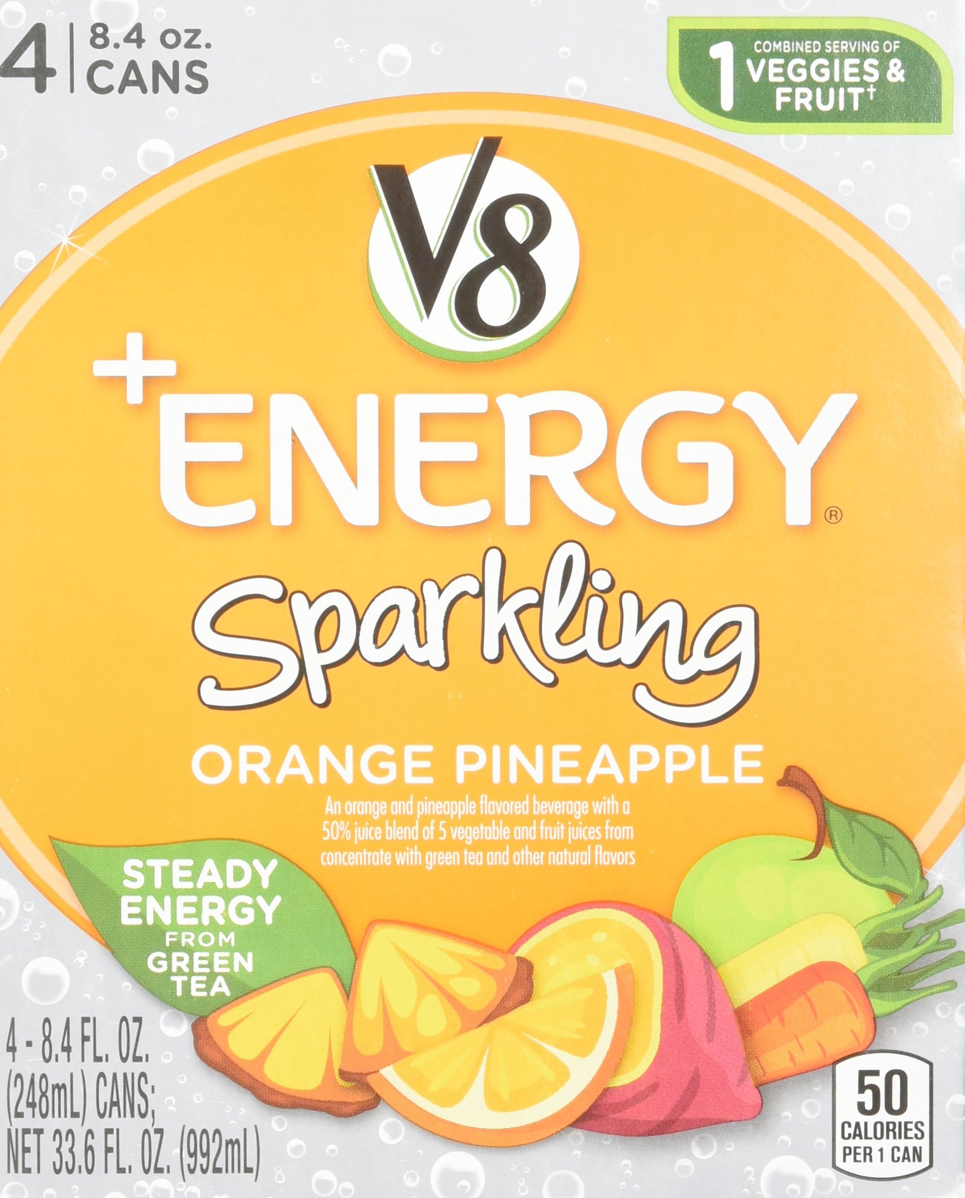 V8 +Energy Sparkling Drink, Orange Pineapple, 12 Ounce