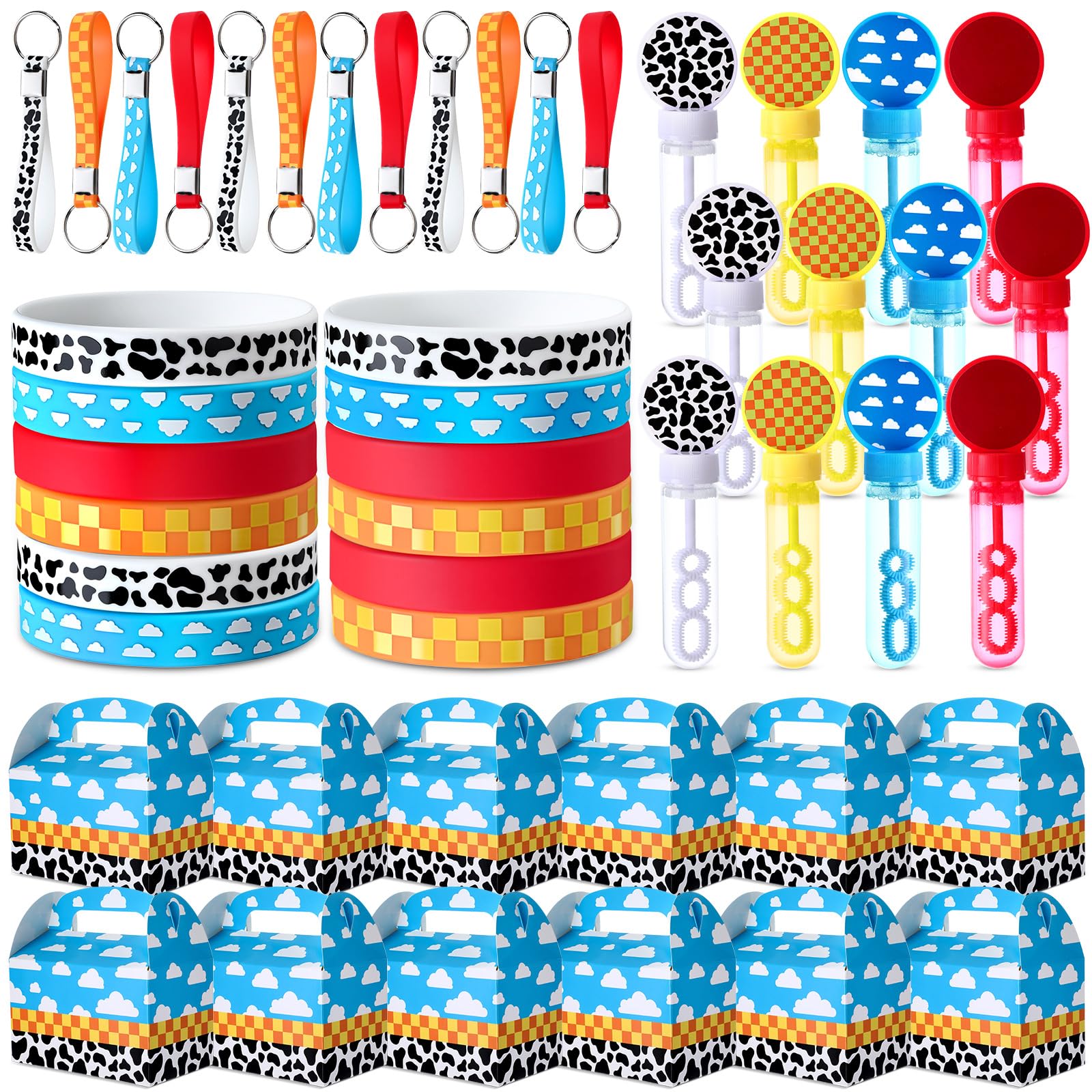 Photo 1 of RoundFunny 48 Pcs Cartoon Party Favors Set for Kids Include 12 Cartoon Themed Silicone Stretch Wristbands 12 Silicone Key Chains 12 Gift Boxes 12 Bubble Wands for Birthday Party Decor
