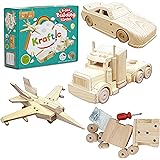 Kraftic Woodworking Building Kit for Kids and Adults, 3 Educational DIY Carpentry Construction Wood Model Kit Toy Projects fo