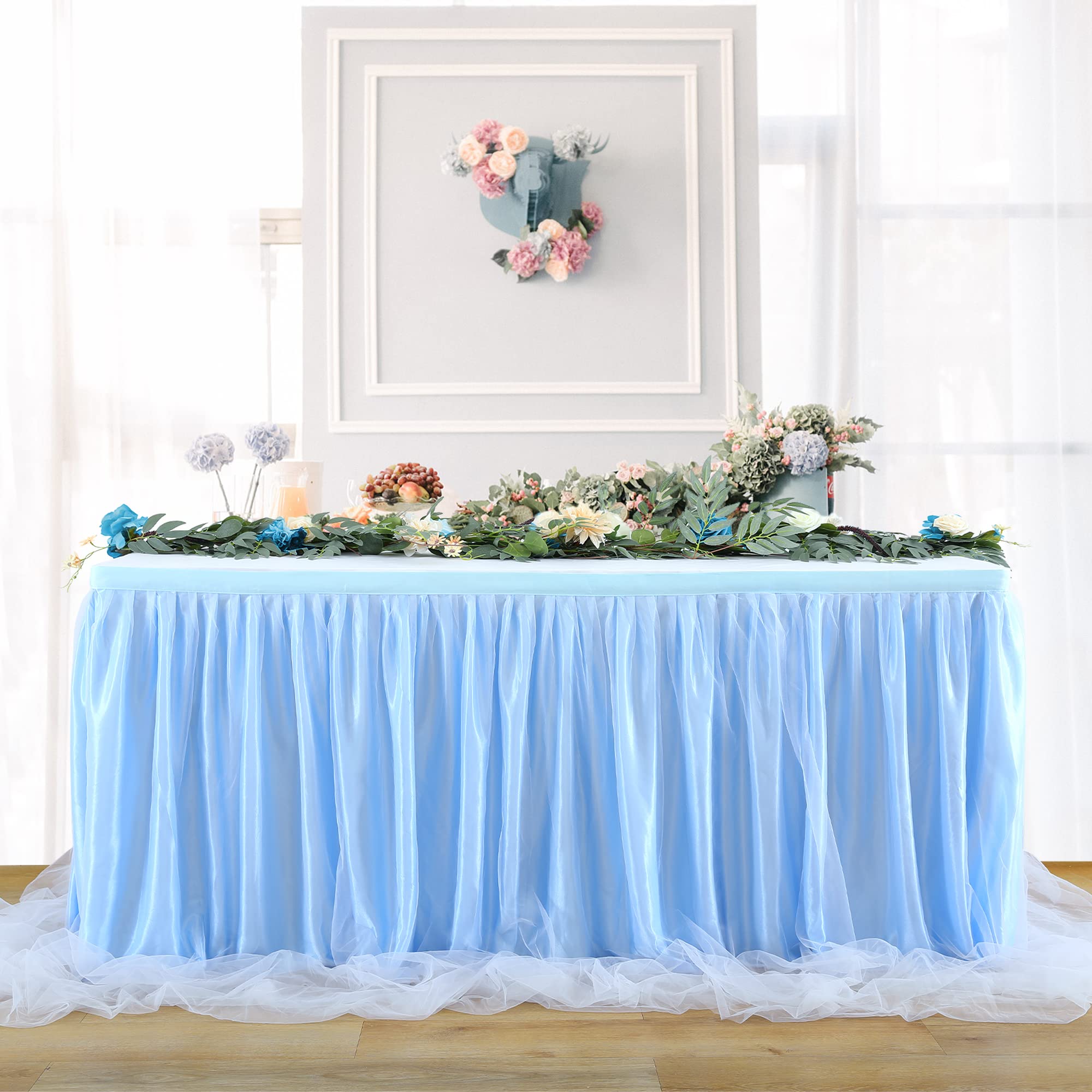 HBBMAGIC Tulle Table Skirt with Long Mesh Tutu Table Skirting for Rectangle or Round Table for Baby Shower Wedding and Birthday Party Decoration (Blue/Without light, L 14(ft)*H 30in)