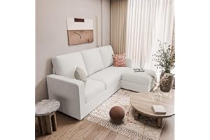 JUMMICO Convertible Sectional Sofa Couch, Fabric L-Shaped Sofa with 3 Seats, Removable Ottoman, Small Sofa for Small Apartments, Living Rooms and Offices (White)