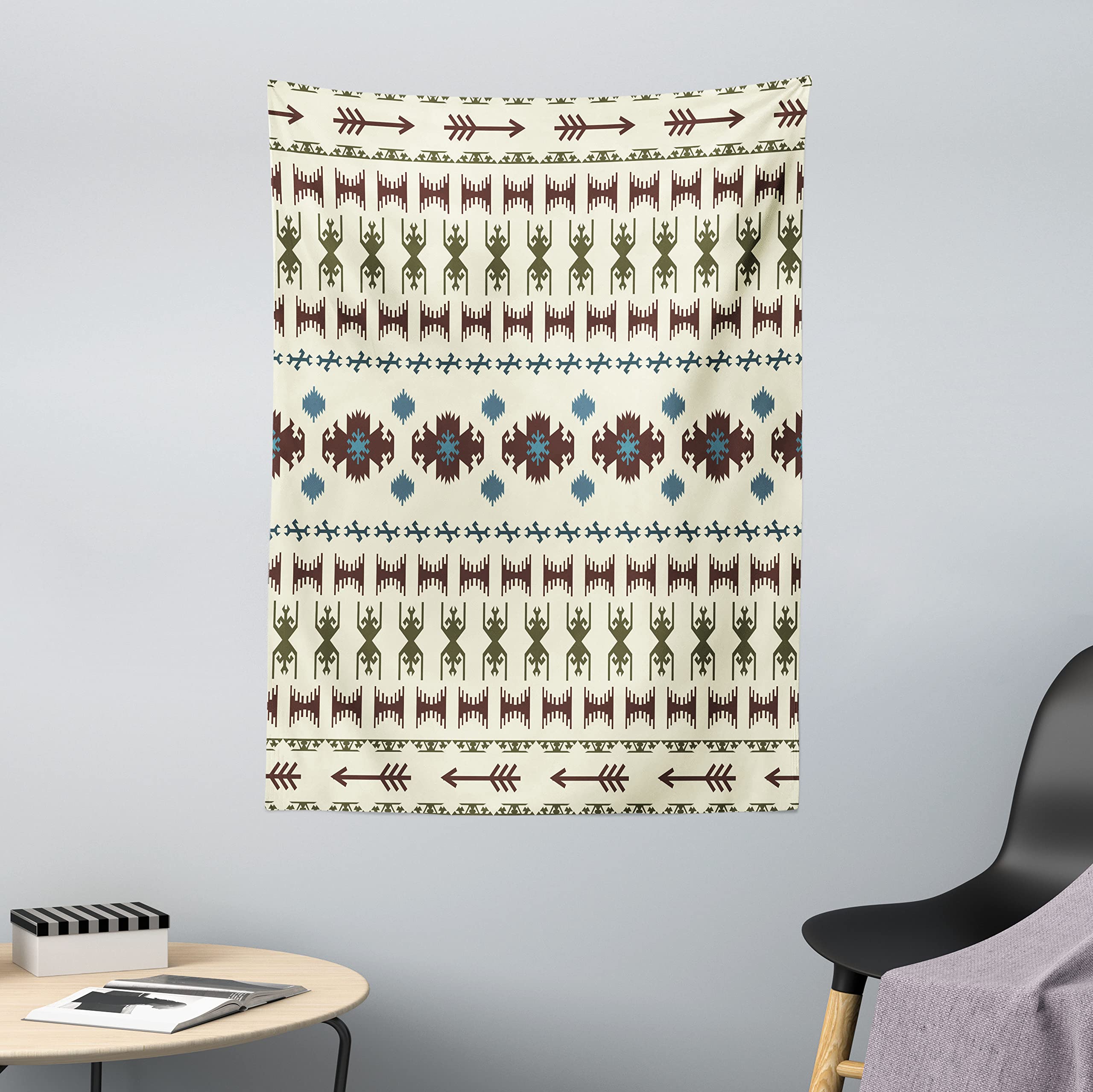 ABAKUHAUS Native American Tapestry, Tribal Pattern Aztec Inca Illustration Ethnic Geometric Arrangement, Fabric Wall Hanging Decor for Bedroom Living Room Dorm, 43 W X 58 L, Beige and Brown