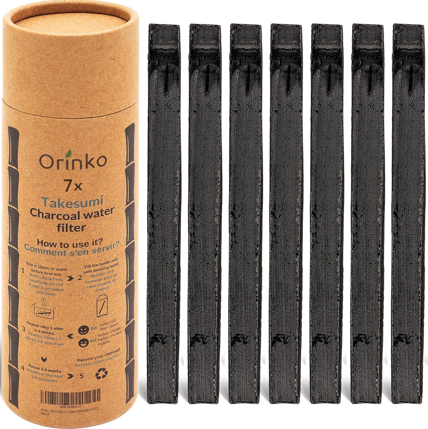 ORINKO® Charcoal Water Filter Sticks x7 – Natural Takesumi Activated Carbon for Water Purification – Sustainable Binchotan Bamboo Filter Kit for Pitchers & Tap Water