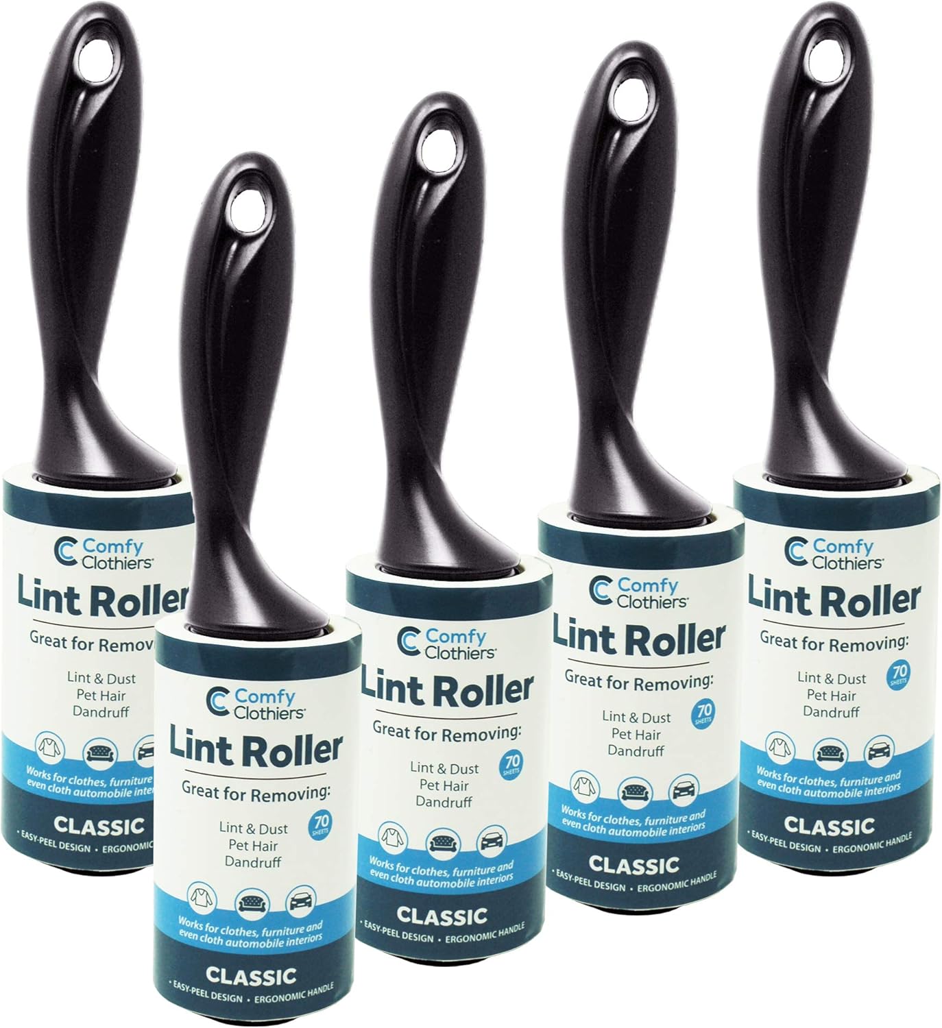 Classic Extra Sticky Lint Rollers for Clothes, Dust & Lint - 350 Sheets Total (5 Rolls/70 Sheets Per Roll) 5 Handles - Lint Rollers for Pet Hair Combo by Comfy Clothiers