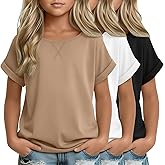 LessonZoo 3 Pack Girls Short Sleeve T Shirts Kids Loose Fit Crew Neck Tops Rolled Cuff Summer Basic Casual Tees Blouse