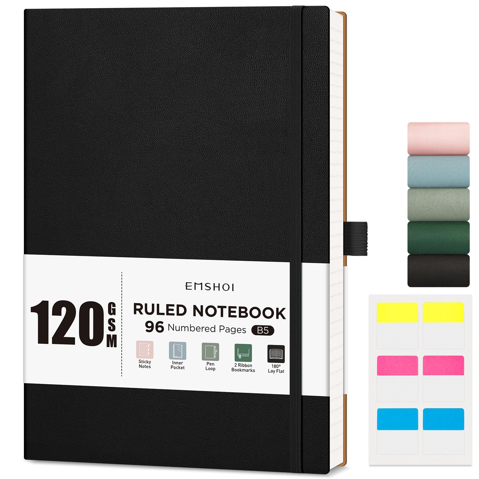 EMSHOI B5 Notebook Lined - 120 GSM Lined Paper, 96 Numbered Pages Softcover College Ruled Composition Notebooks with Free Sticky Notes for Women Men Office School,19 X 25 cm - Black