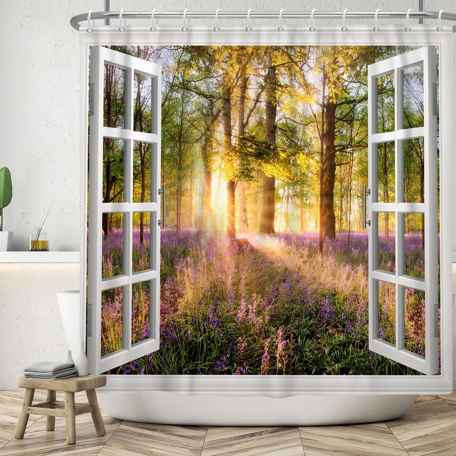 ASDCXZ Window View Shower Curtain 180x180 cm, Spring Purple Flowers Green Forest Jungle Sunshine Bath Washable Shower Curtains Polyester Textile Waterproof Bath Curtain for Bathtub with 12 Hooks