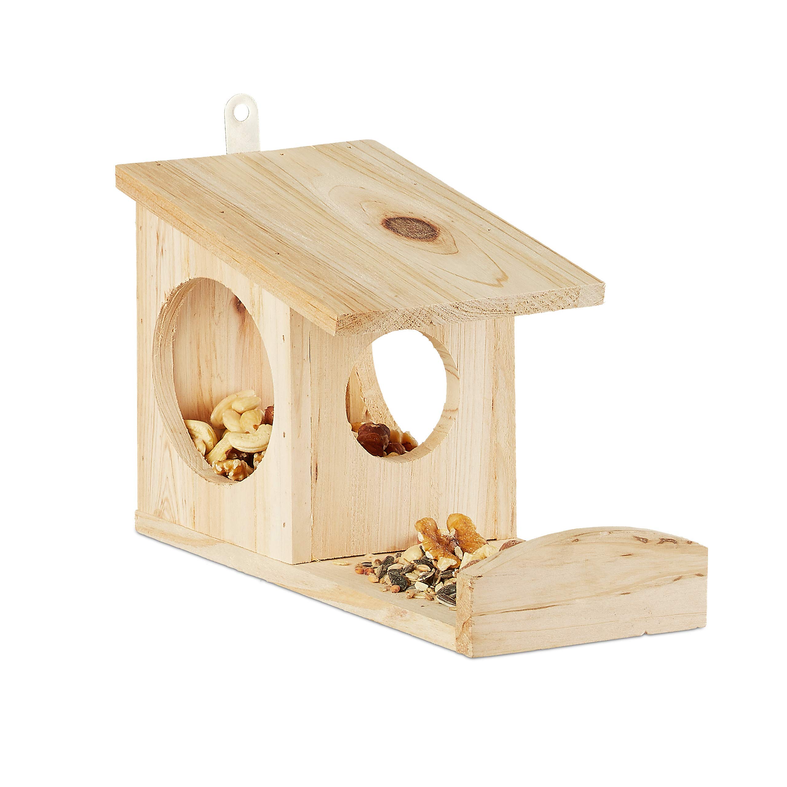 Relaxdays Squirrel Feeder House, Feeding Station Box, Hanging, Wooden, HWD: 17.5 x 14 x 25 cm, Natural, Fir Wood, Brown, Pack of 1