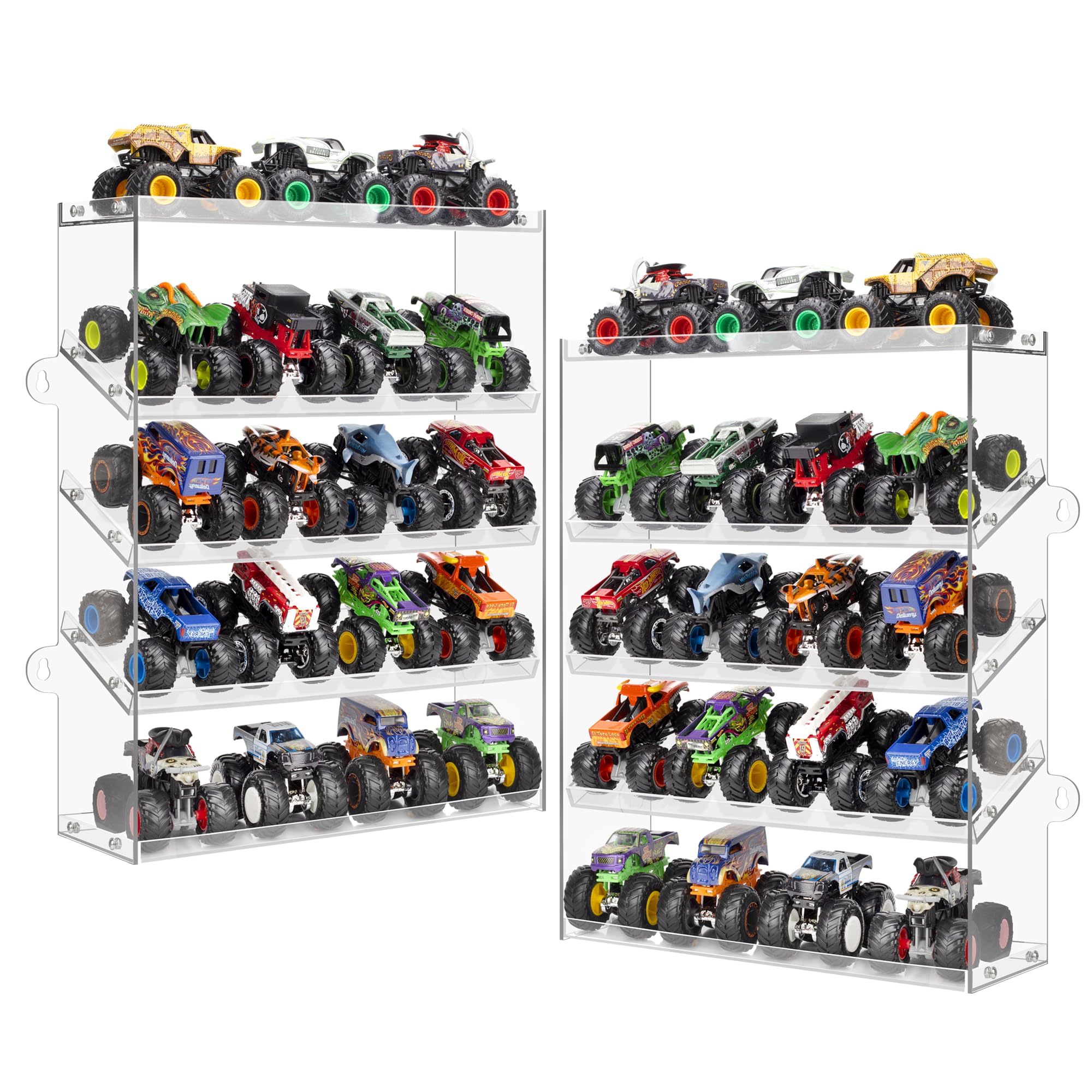 Photo 1 of Assembly Monster Trucks Display Case Holding for 20 Monster Trucks Acrylic Storage Case 5 Tiers Monster Trucks Organizer with Tilted Design, Display Case for Toy Trucks (2-Pack Transparent)