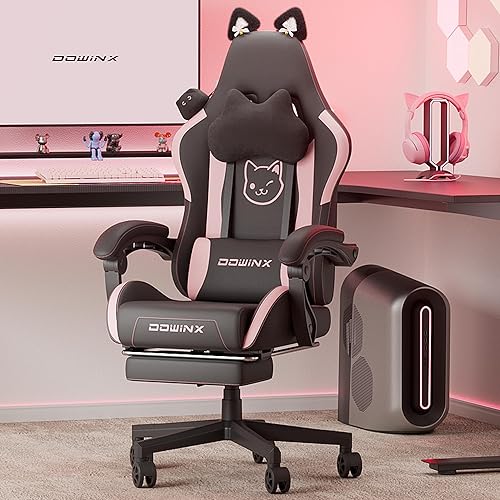 Dowinx Gaming Chair Cute with Cat Ears and Massage Lumbar Support,  Ergonomic Computer Chair for Girl with Footrest and Headrest, Comfortable  Reclining