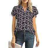 Uhiger Women Tops Dressy Casual Short Sleeve Blouses Petal Ruffle Shirts V Neck Chiffon Work Business Tunic Double Layer