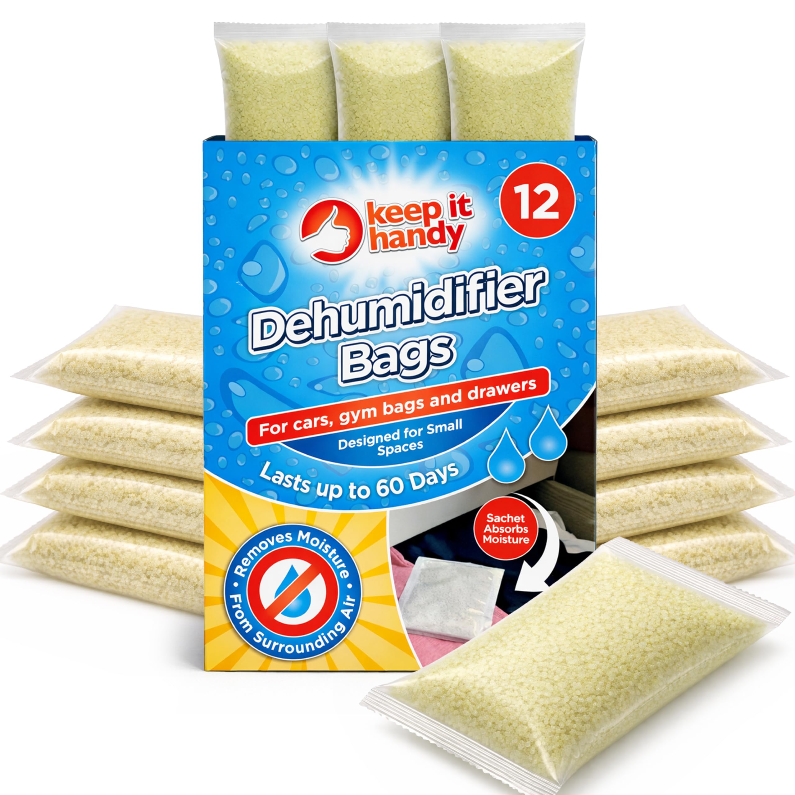 SOL 12pk Dehumidifier Bags - Interior Disposable Wardrobe Damp Absorber for Home, Cars, Drawers & Enclosed Spaces, Moisture Absorbing, Odour Removal, Compact, Portable, Fits in Small Area, Easy to Use