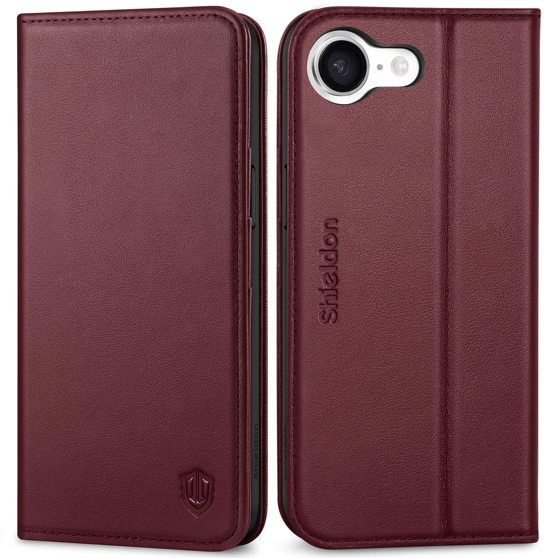 Photo 1 of SHIELDON Case for iPhone 16e 2025, Genuine Leather Magnetic Folio Wallet Case [RFID Blocking Credit Card Slots] Kickstand Shockproof Soft Phone Cover Compatible with iPhone 16e 6.1" - Nappa Wine Red