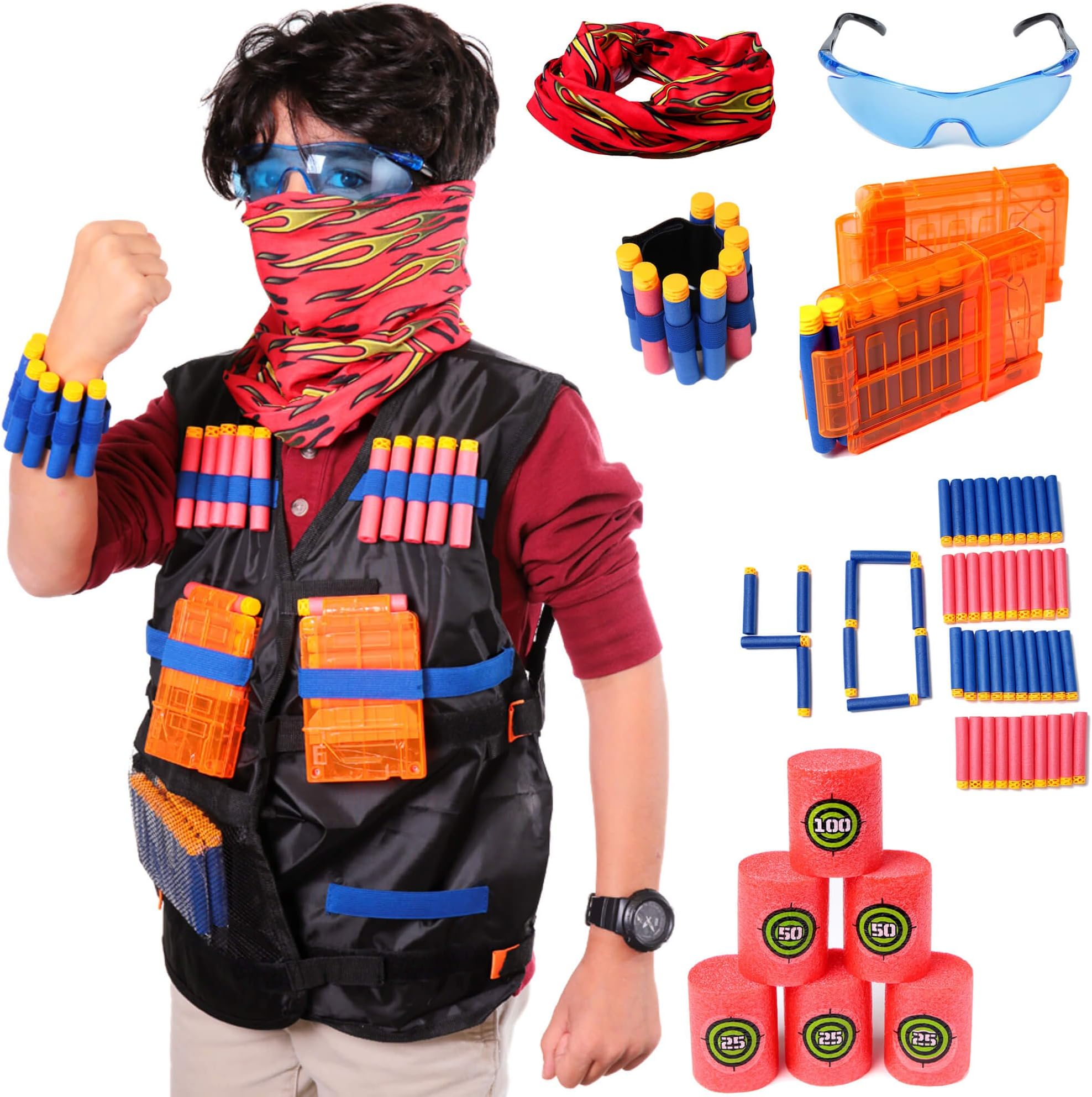 Aveilo Tactical Vest Kit For Nerf Guns N-Strike Elite Series, 40 Refill Soft Tip Darts, 6 Bullet Target Foam Cans, 2 Reload Clips, Protective Glasses, Mask, Wrist Band - Full And Premium Package