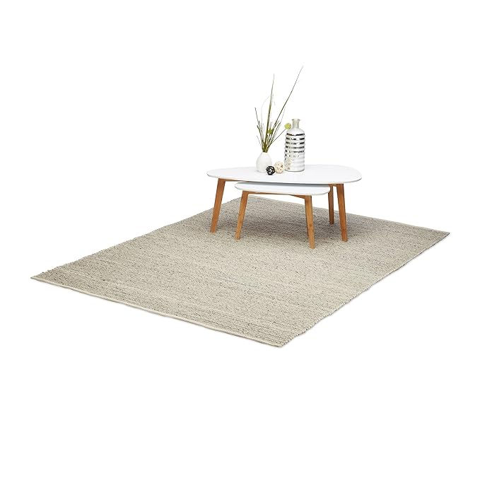 Relaxdays Wohnzimmerteppich beige, Webteppich aus Wolle und Baumwolle, handgewebter Wollteppich, 160 x 230 cm, natur