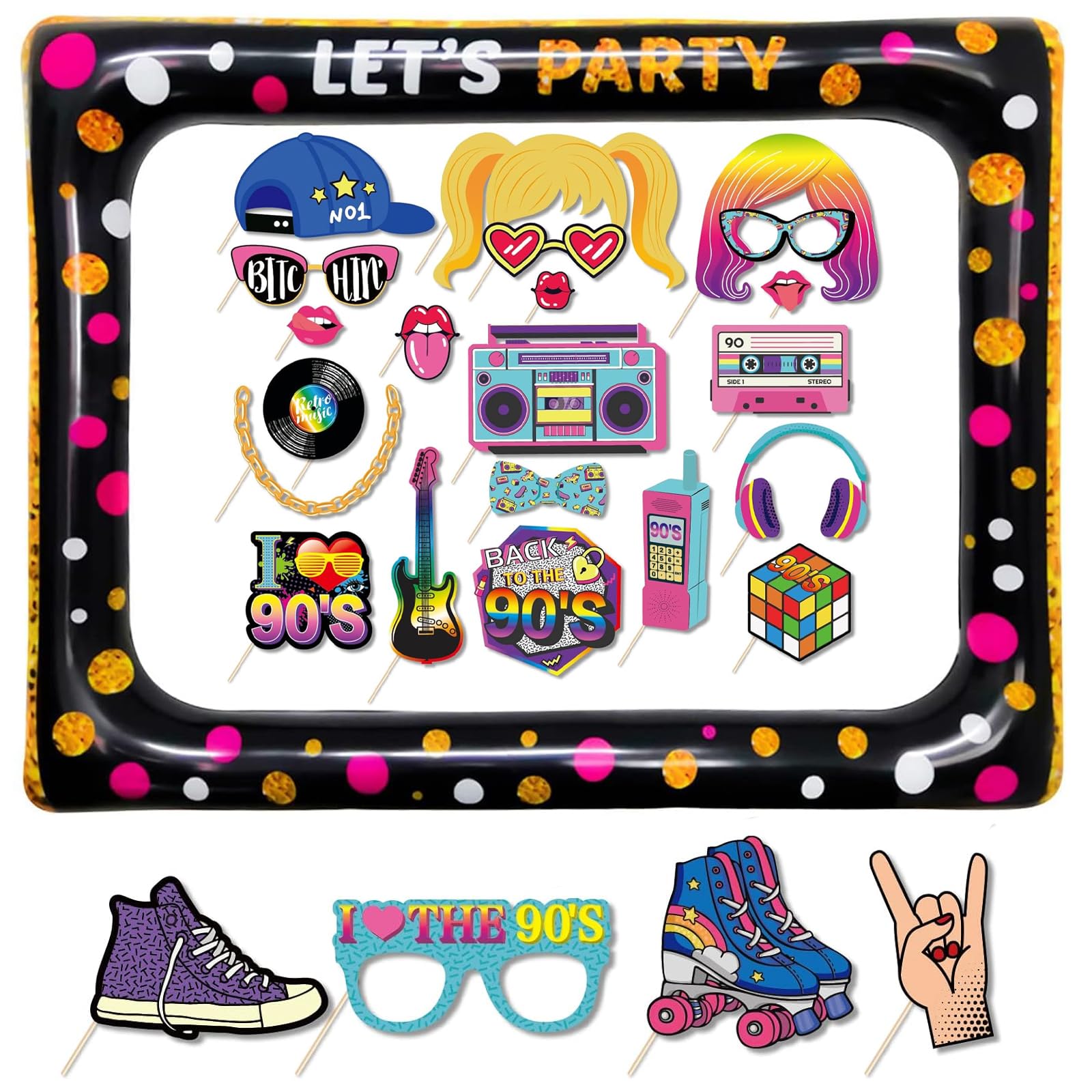 PLATEYTR 26-Piece 90's Party Decorations, Neon Photo Booth Props, Retro Accessories, Paper Material