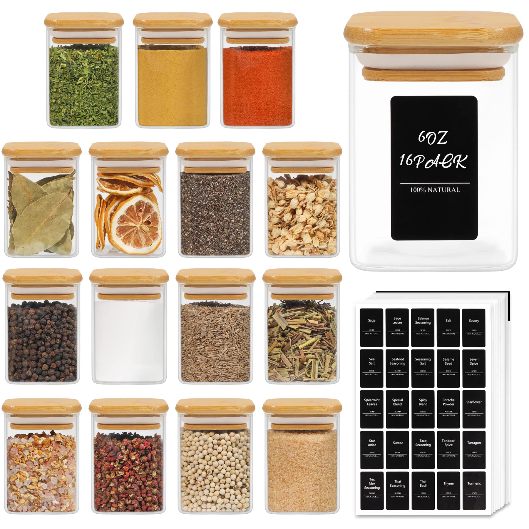 Photo 1 of ComSaf 16Pcs Glass Spice Jars with Bamboo Lid, 6oz Airtight Square Containers with 275 Black Lables, Empty Seasoning Jars for Salt Sugar