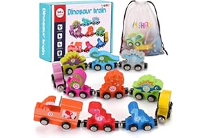 NASHRIO Dinosaur Toys for 36 + months Boys, Dinosaur Wooden Magnetic Train Set, Fun Kids Educational Gifts Toys for Ages 3+