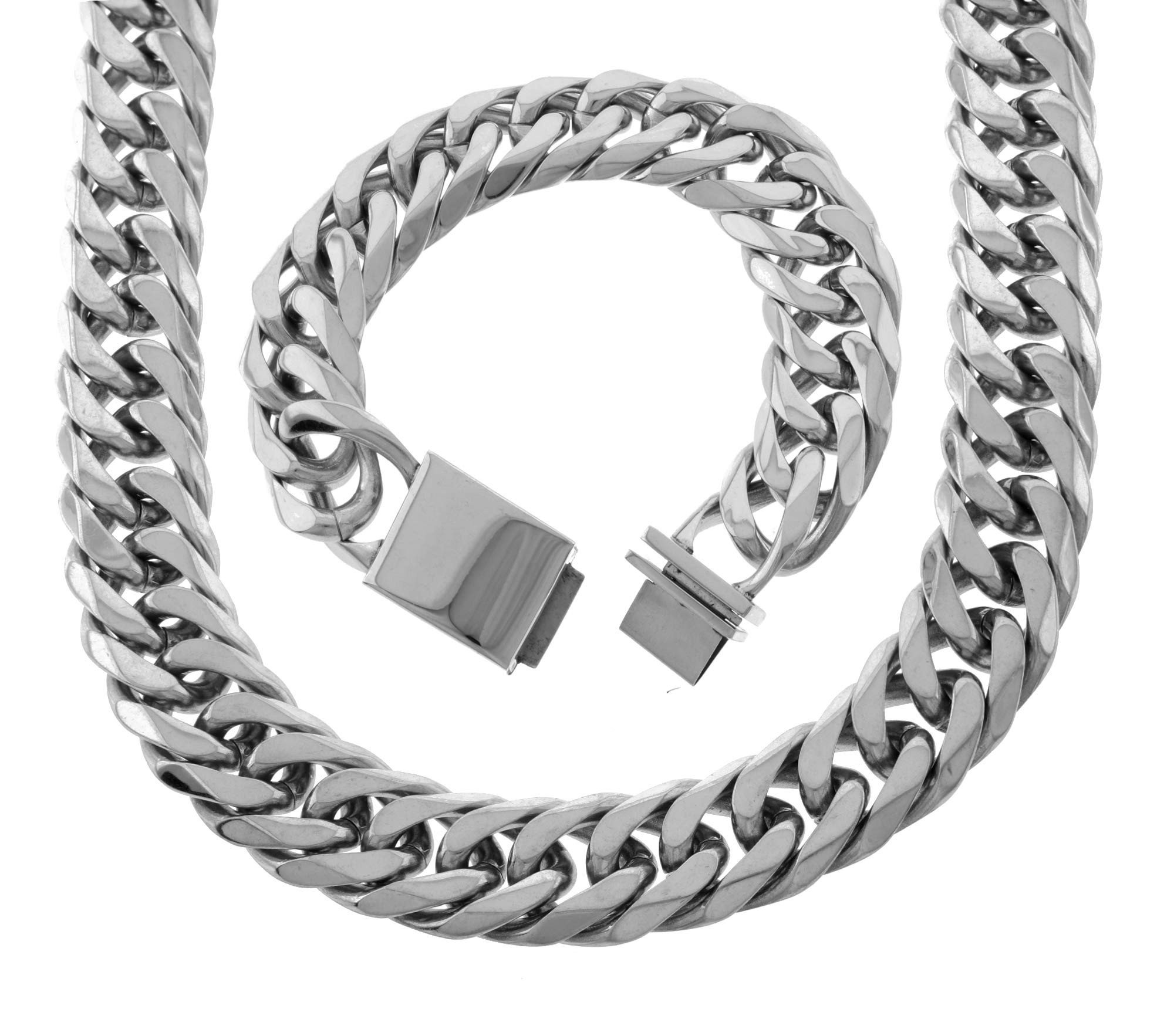 Bling Bling NY Juego de pulsera y collar de cadena de eslabones cubanos de Miami de acero inoxidable con acabado en plata maciza de 21 mm de grosor