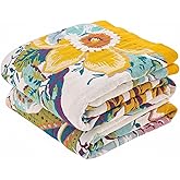 KMBFWU Farmhouse Throw Blanket, 50"x 60" Boho Throw Blankets for Couch Cover, 100% Cotton Bohemian Vintage Quilt for All Seasons Reversible Florals Lightweight Picnic Blankets Home Decoration