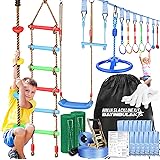 Ninja Warrior Obstacle Course for Kids - 50ft Slackline with 10 Accessories, Climbing Rope Ladder, Swing Set, Ninja Wheel, Mo
